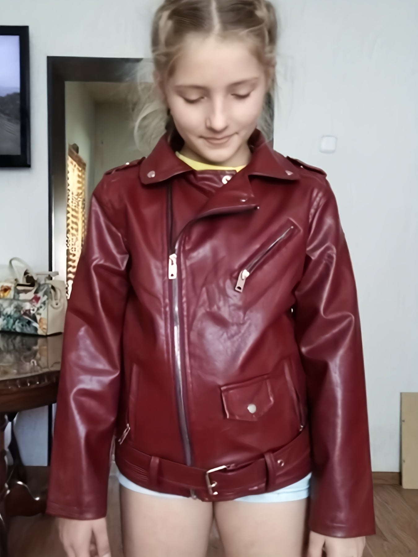 Girls PU Leather Motorcycle Jacket Fall Winter Long Sleeve Zipper Lapel Solid Color