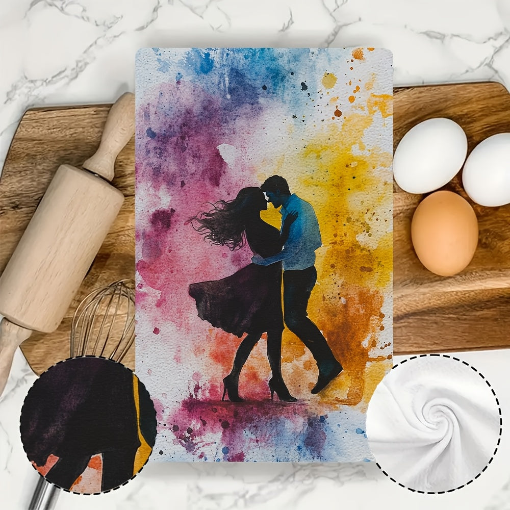 Luxury Ultra Soft Kitchen Towels 2 Pack Dancing Couple Design Watercolor Splash