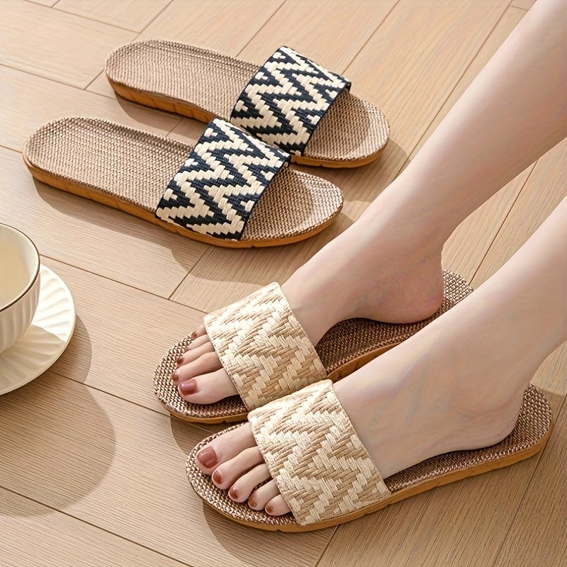 Unisex Linen Slip-On Slippers with Chevron Pattern Non-Slip EVA Sole