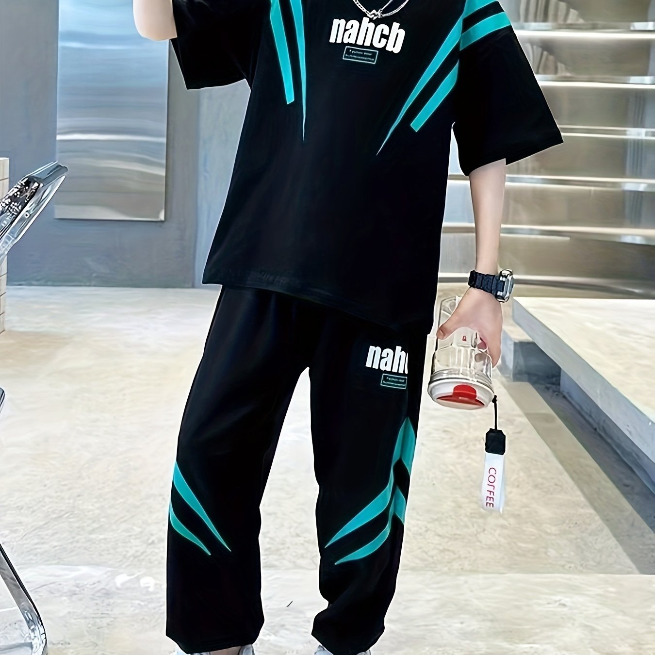 Boys' Medium-Large Sports Suit with Lightning Print Short Sleeve Long Pants Spring Summer Casual