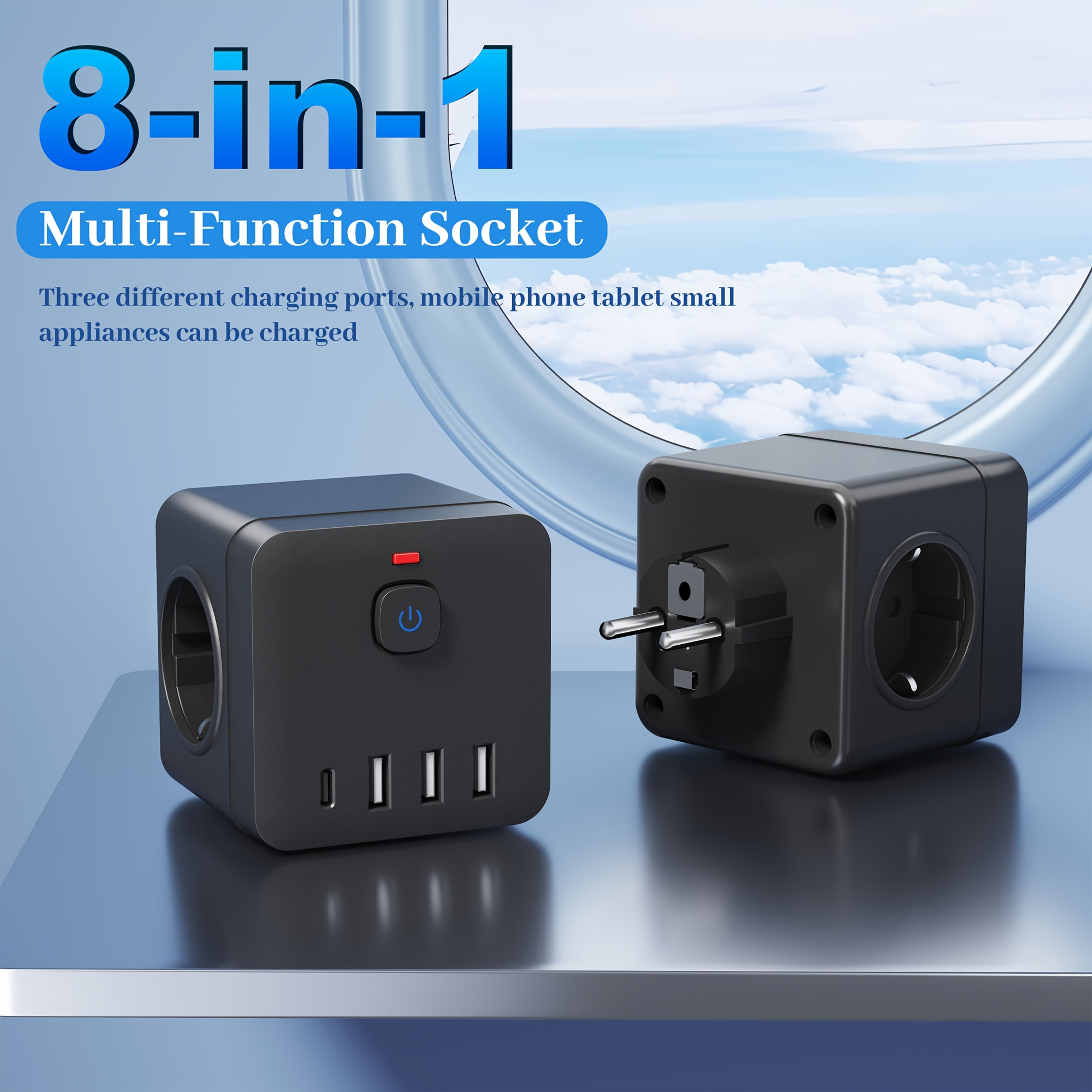 Regleta de 8 en 1 con protección contra sobrecargas, USB Tipo-C, enchufe europeo para hogar, oficina y cocina