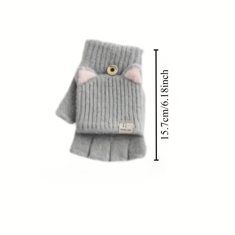 Girls Fingerless Gloves with Cat Ear Design Warm Windproof Soft Polyester