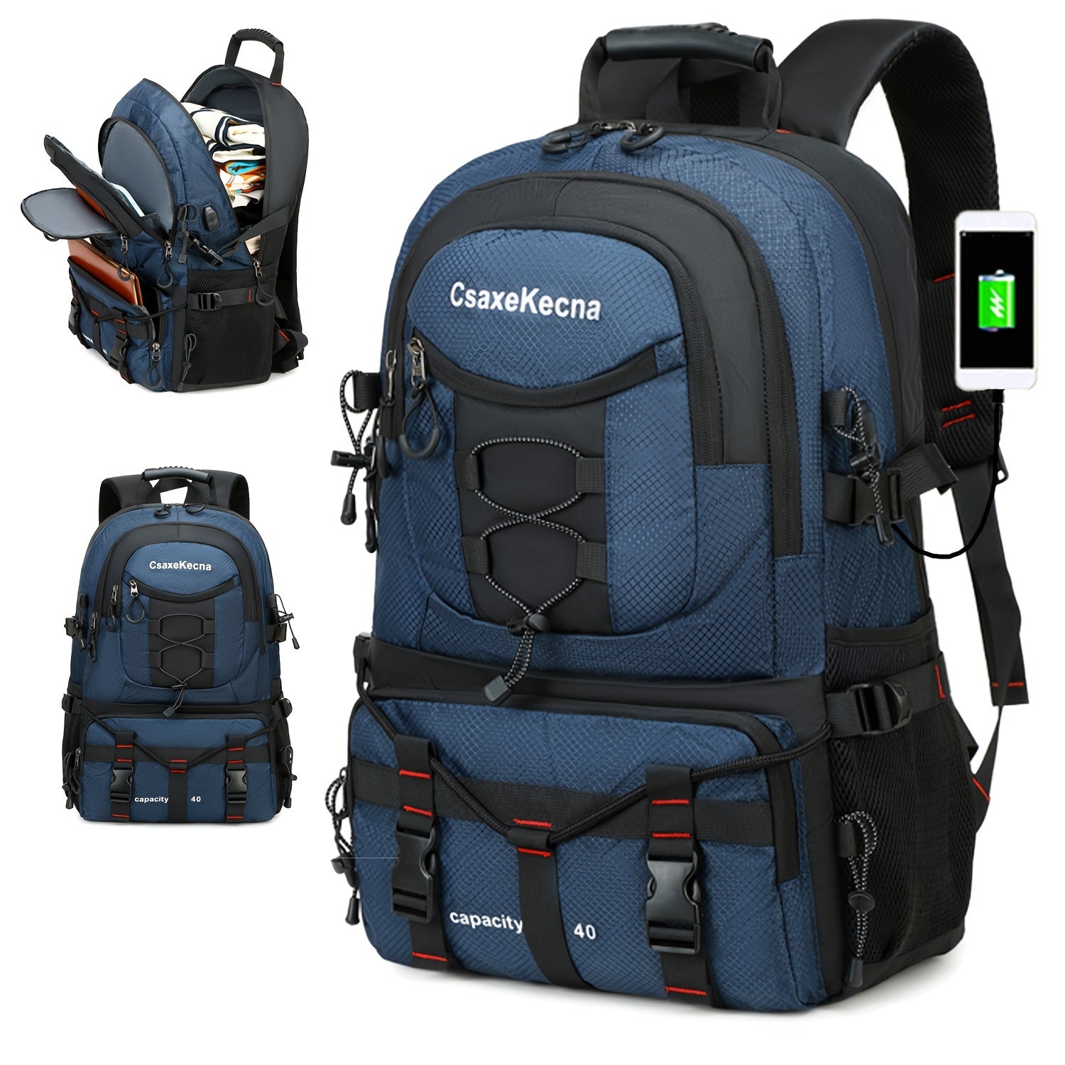 40L Hiking Backpack with Laptop Compartment USB Powered Adjustable Straps for Men and Women