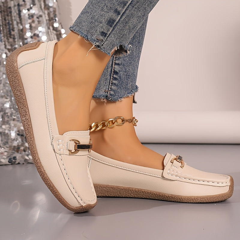 Women Loafers Metal Buckle Slip-On Casual Shoes Non-Slip TPR Sole