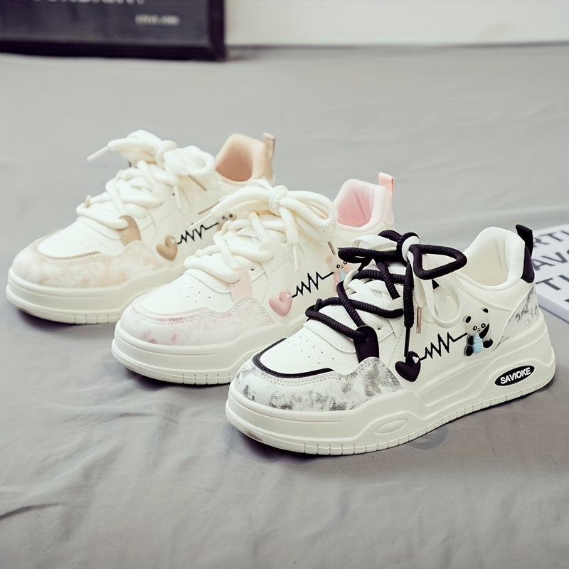 Women's White Mid-Top Sneakers with Cushioned PVC Sole and Heart Stripes