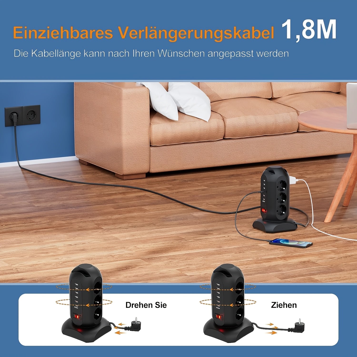 Regleta de corriente EU Tower con 9 tomas de corriente AC y 6 puertos USB, cable de 1.8 m, protección contra sobrecargas