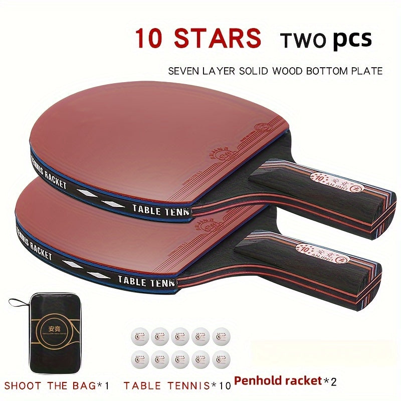 Single Pack of 10 Professional-Grade Red Carbon Rubber Table Tennis Rackets with 3 Balls