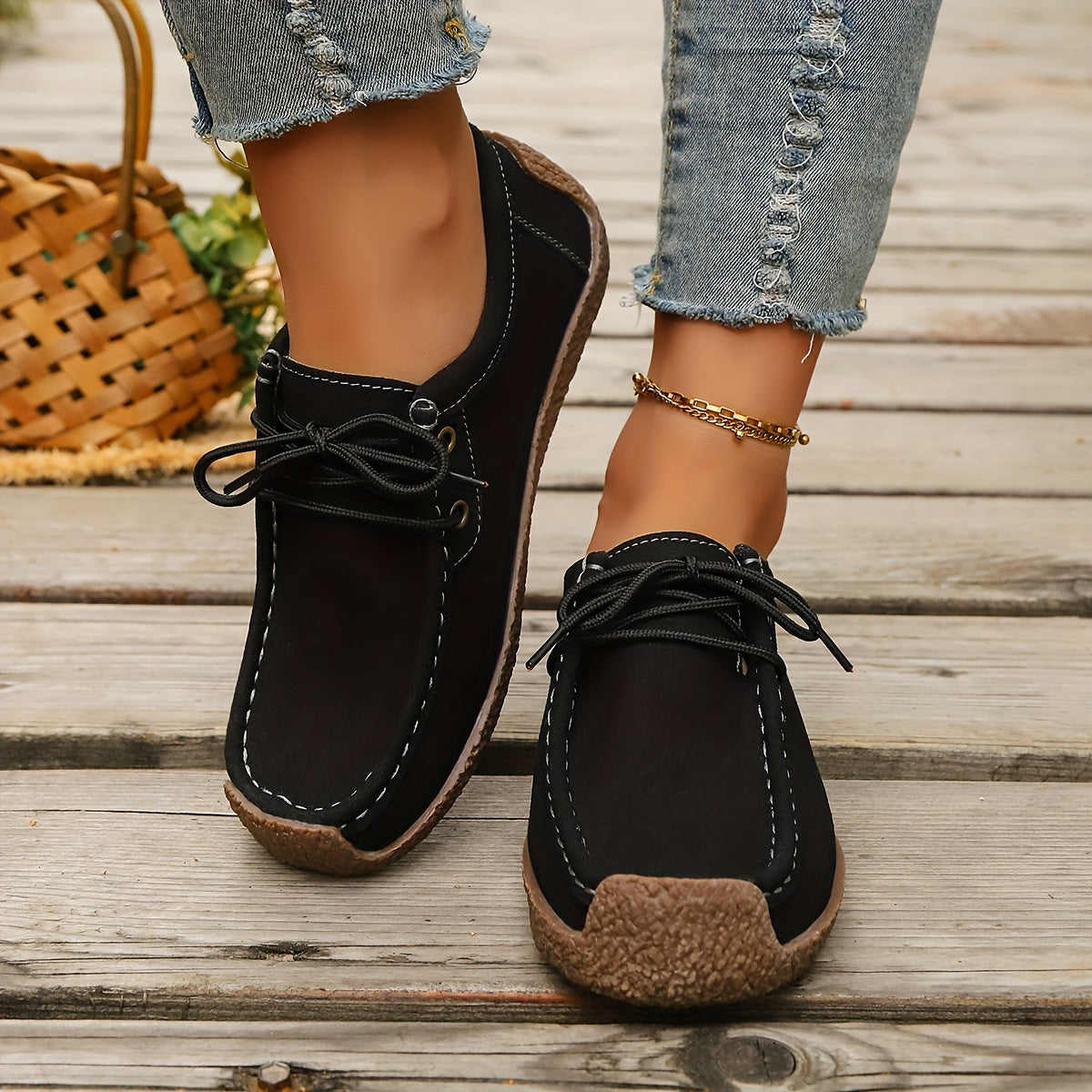 Women's Lightweight Non-Slip Casual Loafers Black Faux Slip-On Shoes