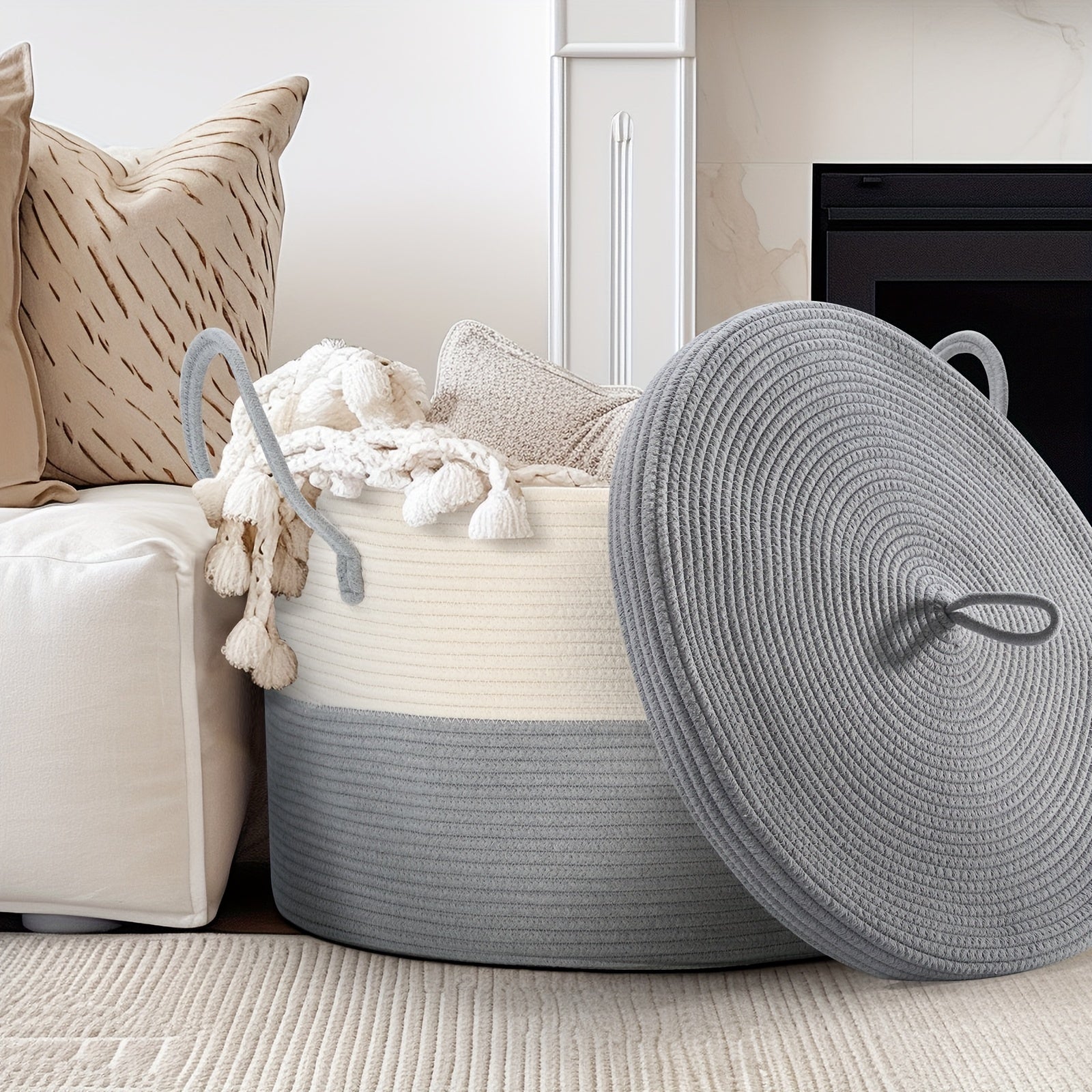 Large Rope Woven Storage Basket for Kids Toys Blankets Laundry Gray White 55cm
