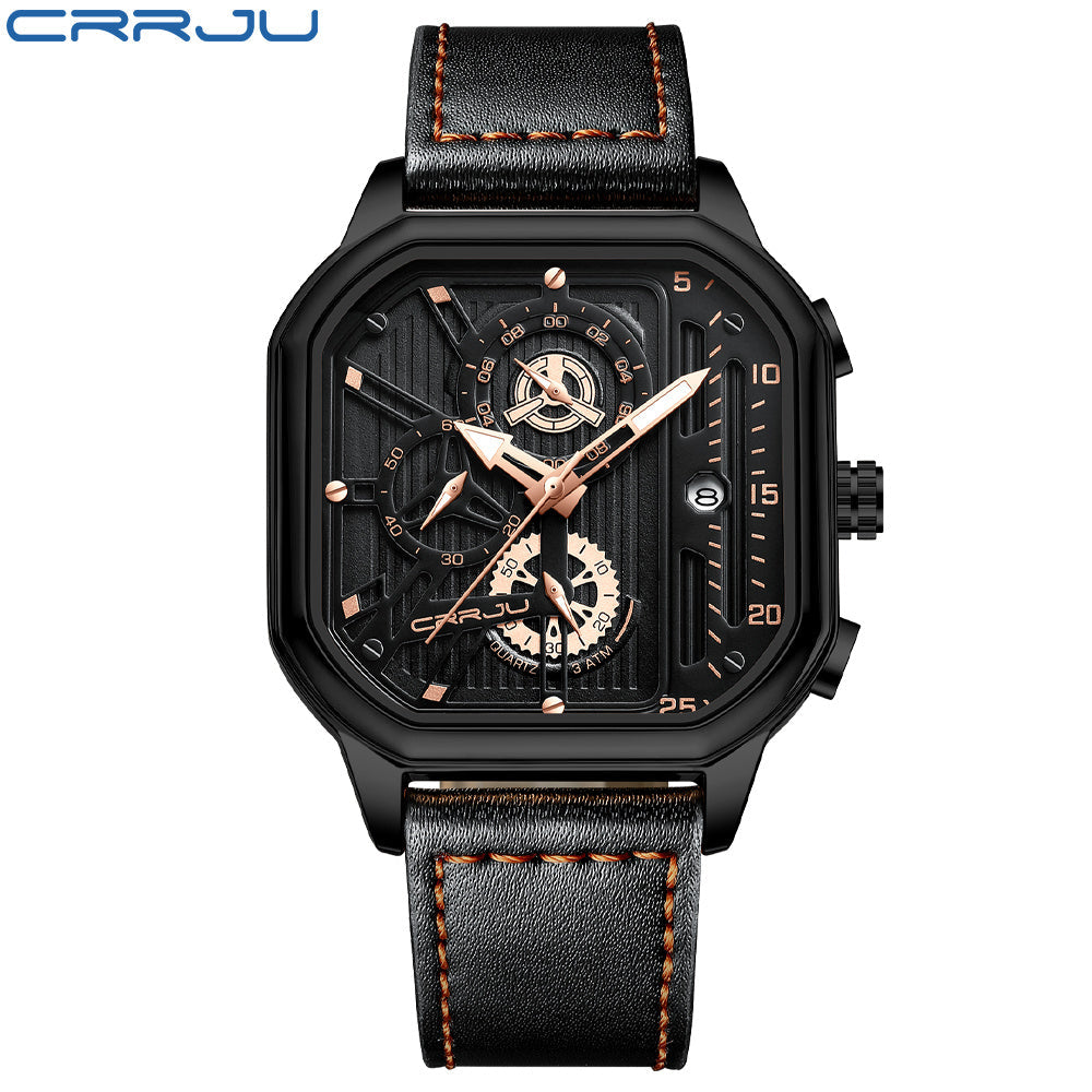 Men's Black Stainless Steel Chronograph Watch with Leather Strap