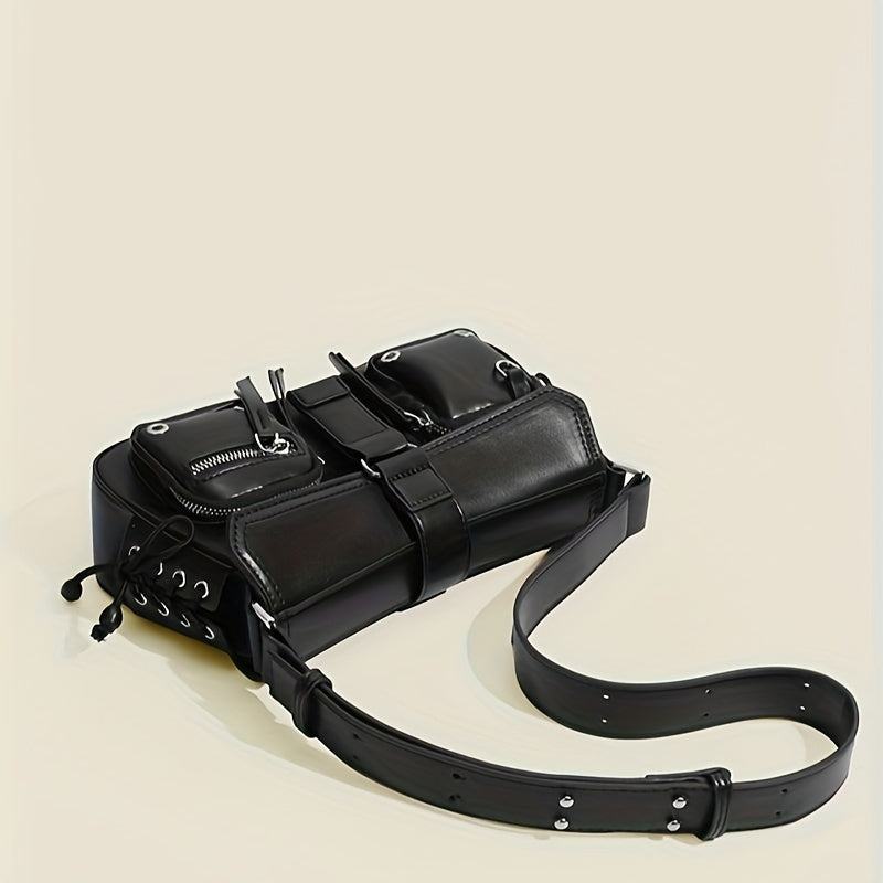 Qora punk uslubidagi ayollar uchun ko'p cho'ntakli va sozlanadigan kamarli sumka - tasodifiy yoki ko'chada kiyish uchun mo'ljallangan, sayohat uchun ideal.