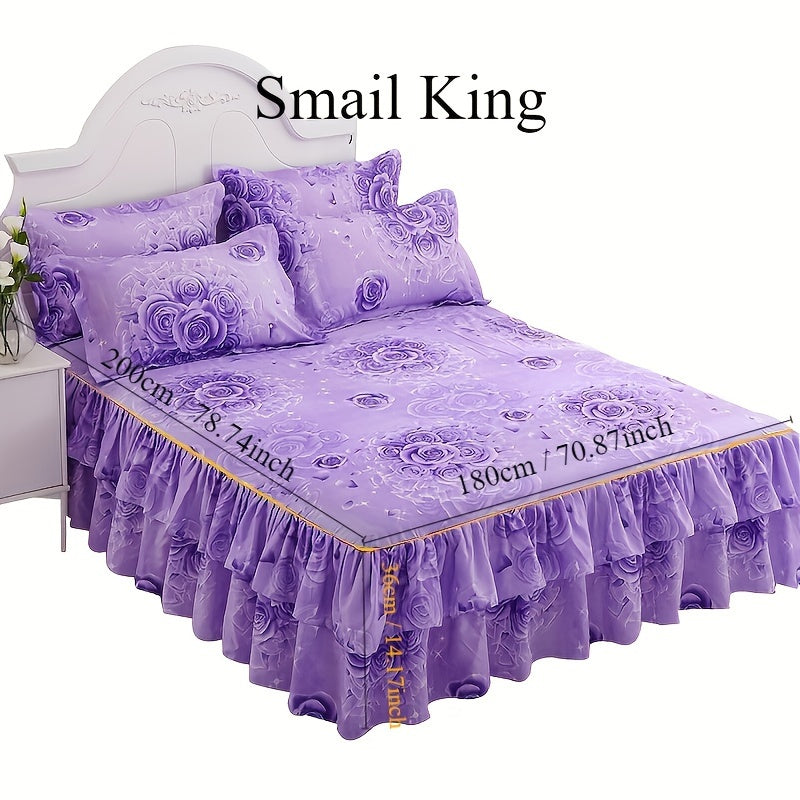 Set of 3 Tropical Floral Bedding Set with Lace Bed Skirt and Pillowcases Ruffled Edges Purple