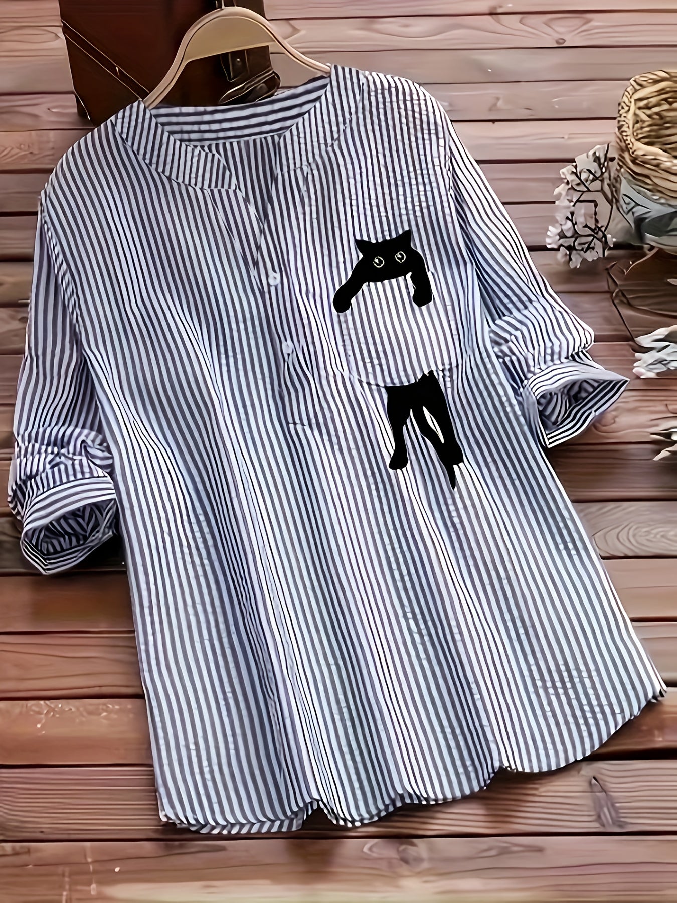Plus Size Women's Casual Shirt with Cat and Bow Pocket Long Sleeve Striped Pullover