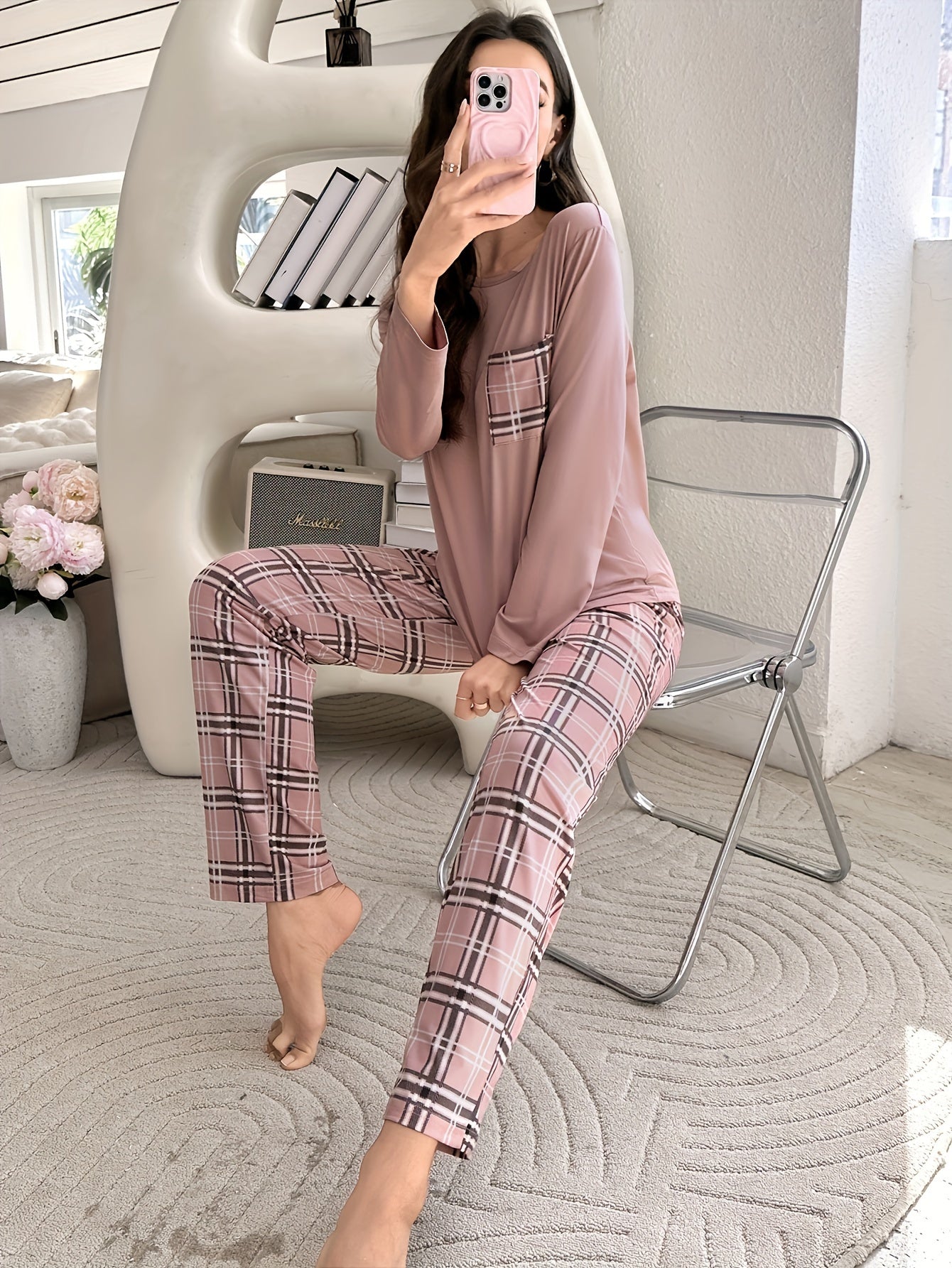 Women's Plaid Pajama Set Long Sleeve Crew Neck Fall Winter Casual