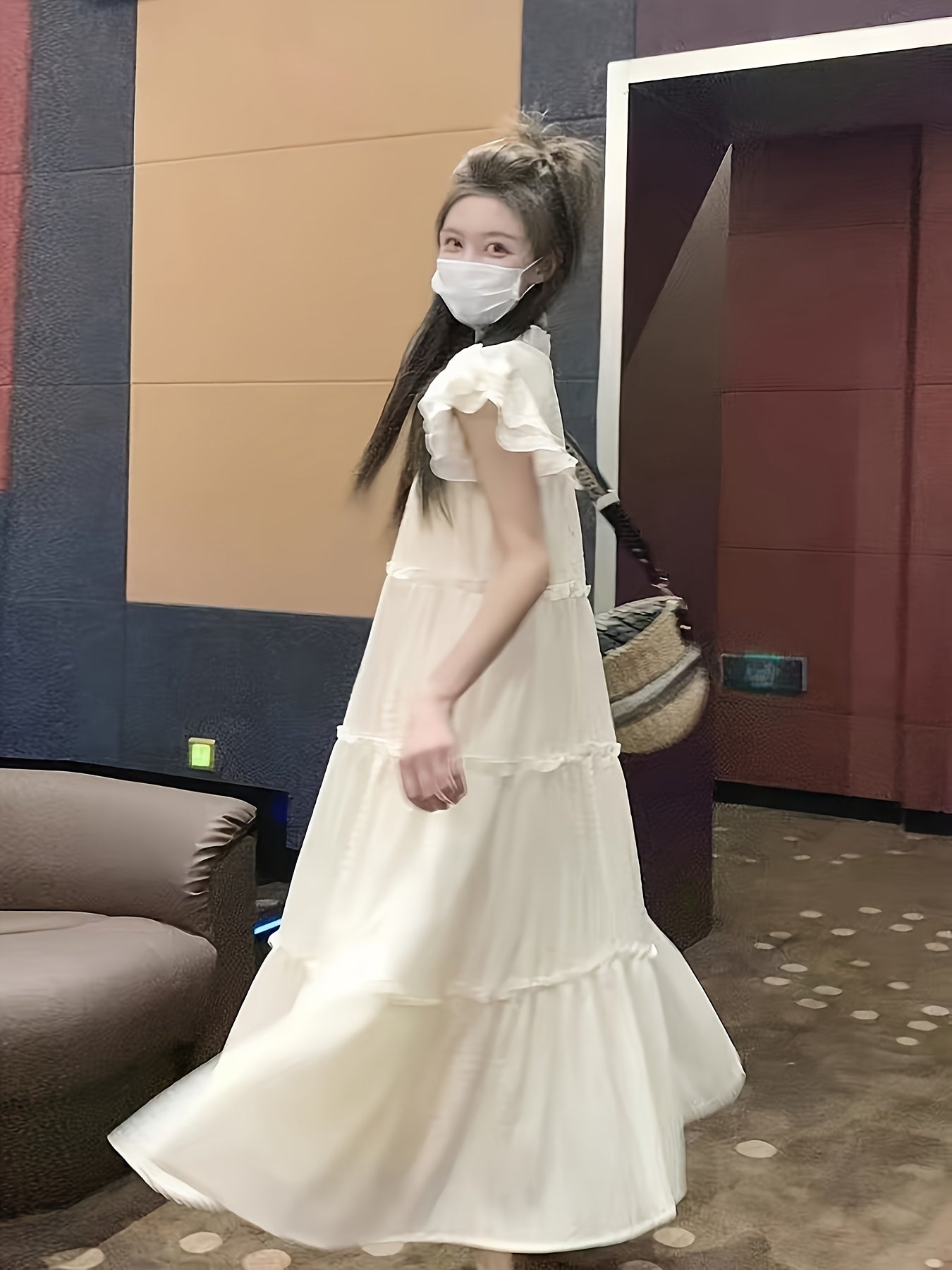 Women's Maxi Dress Summer 2025 French Style Loose Fit Bubble Skirt Flutter Sleeves Polyester