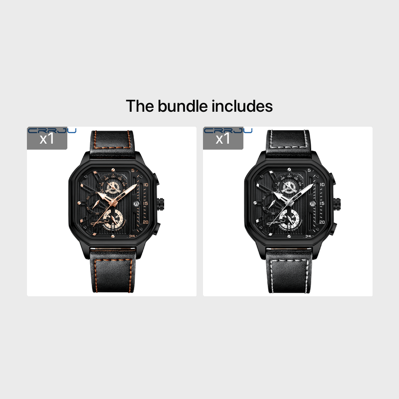 Men's Black Stainless Steel Chronograph Watch with Leather Strap