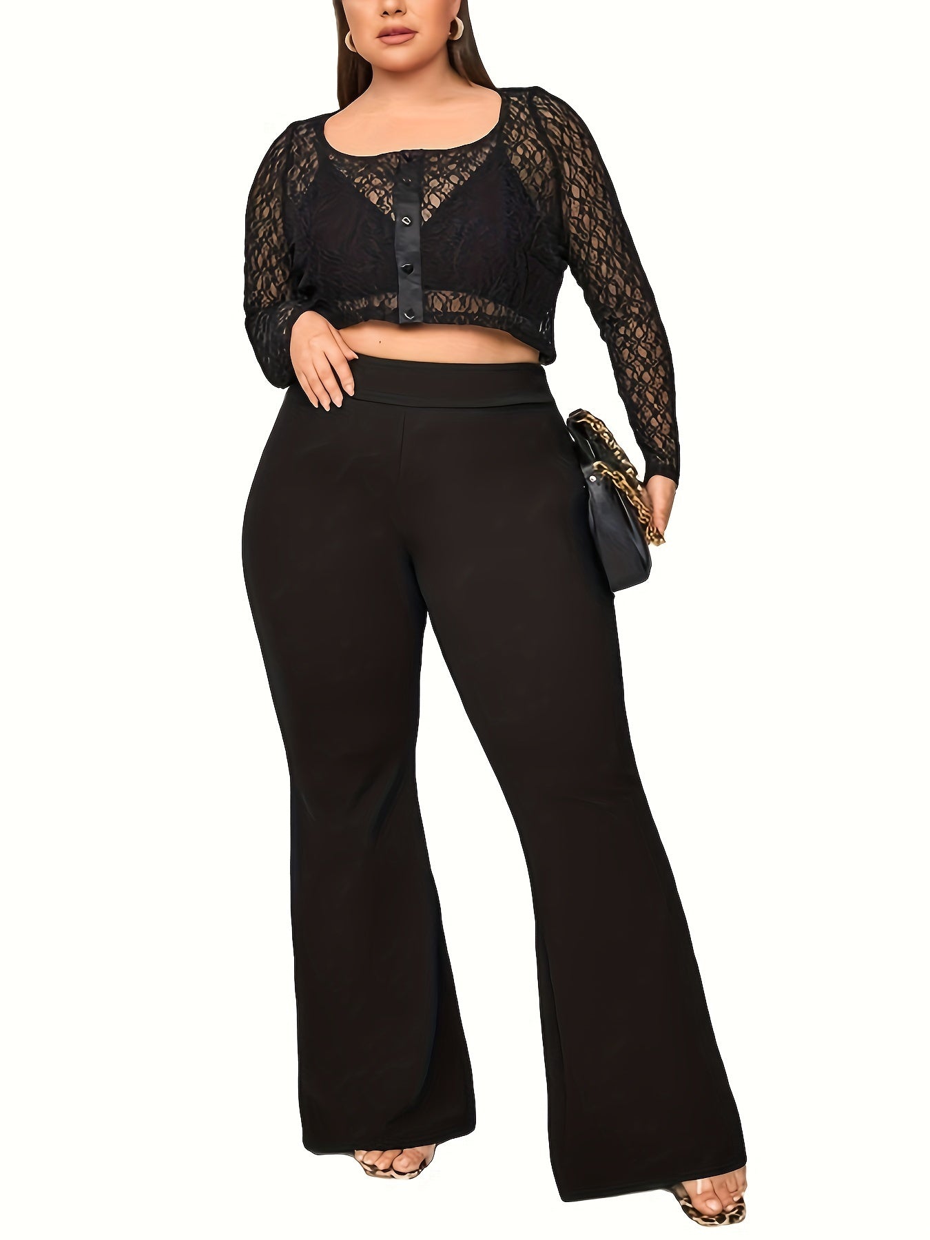 Plus Size Flared Leg Pants High Waist Solid Color Women’s Clothing