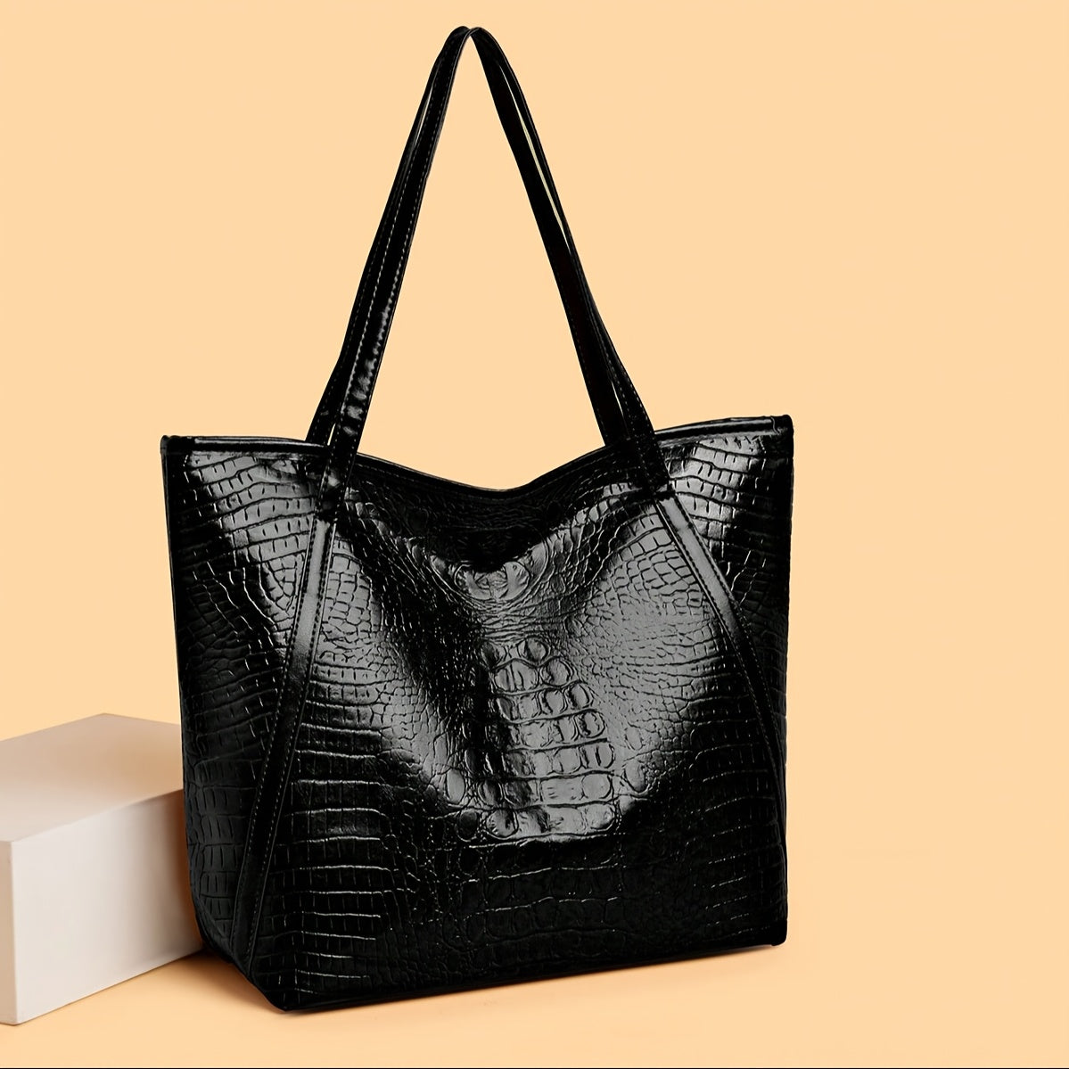 Bolsa de mano grande de PU con estampado de cocodrilo negro para mujer, resistente a los arañazos, para compras y uso diario