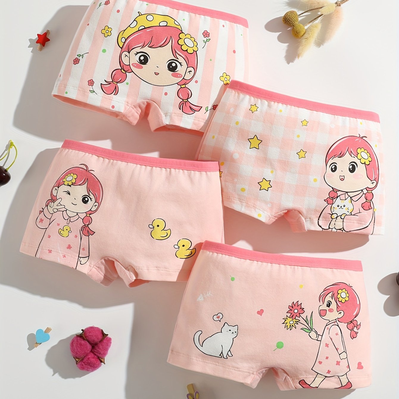 Girls Cotton Boxer Briefs 4 Pack with Cartoon Pattern Flat Leg Underwear
