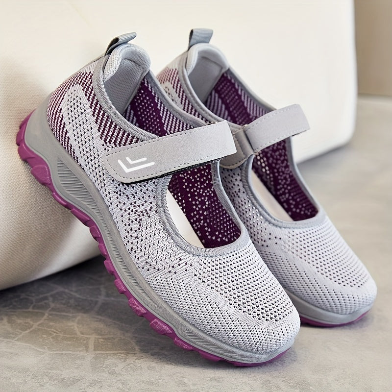Women's Breathable Knit Sneakers Casual Low-Top Running Shoes with Hook-and-Loop