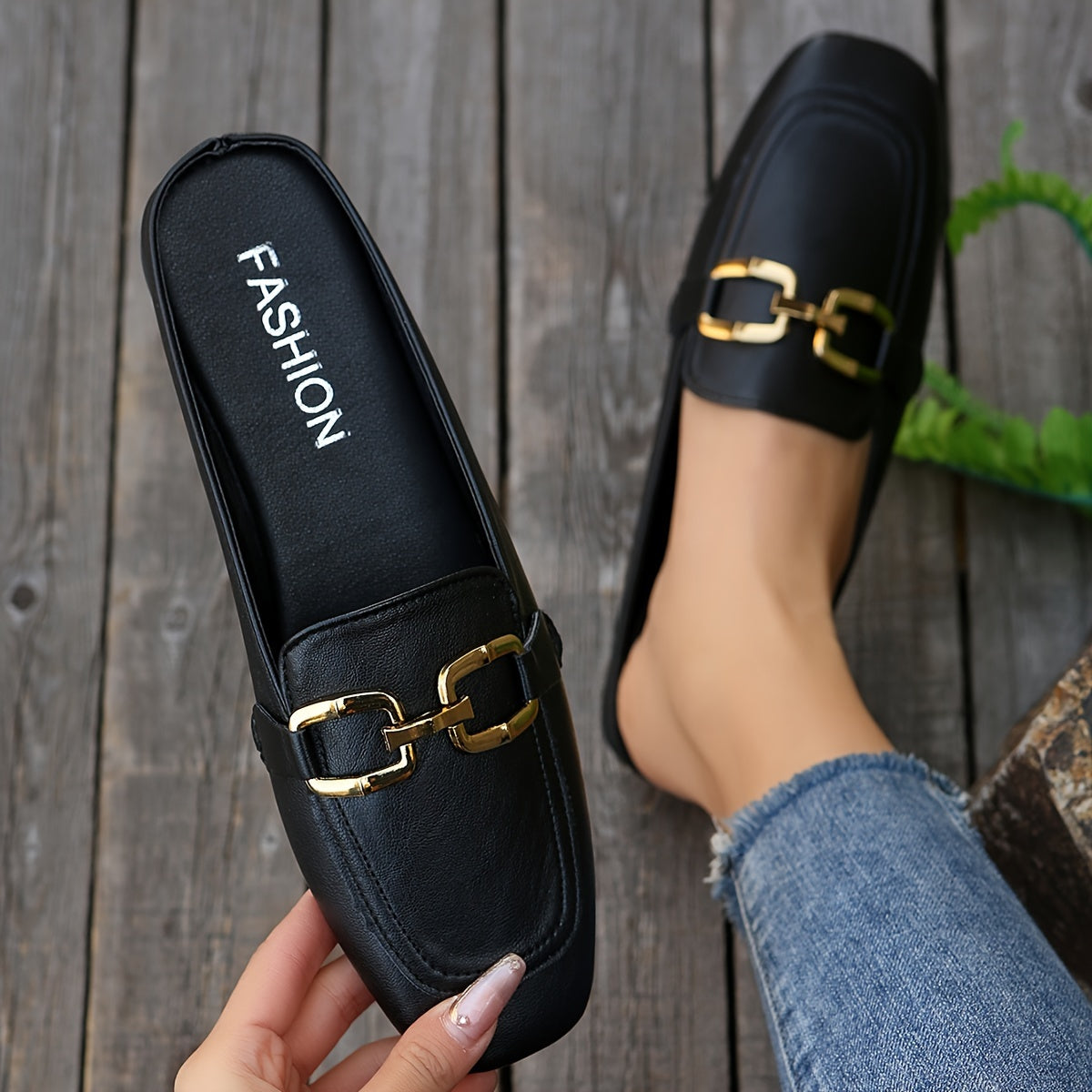 Women's Flat Mules Square Toe Metallic Buckle Slip-On Backless Outdoor Shoes