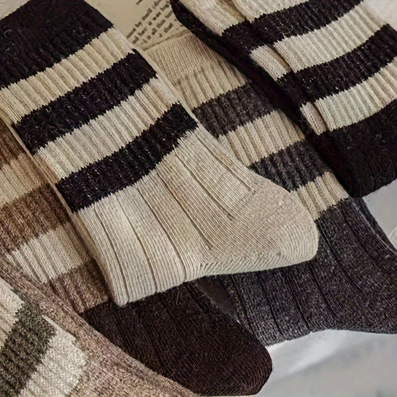 Women’s 5 Pairs Striped Mid-Calf Socks Polyester Spandex Fall Winter