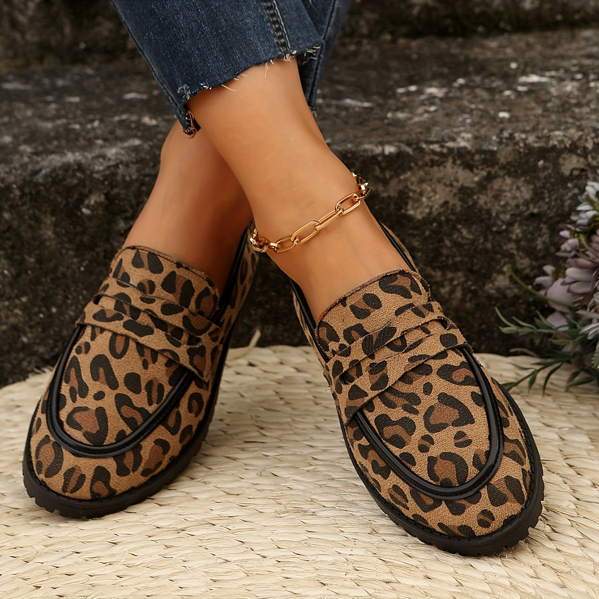 "Leopard Print Loafers: Yuqorisi mato, yumaloq barmoq, kauchuk taglik, soxta qoplamali ichki taglik bilan slipp-on tekis poyabzal. Har mavsum uchun mukammal bo'lgan, zamonaviy Koreya va Britaniya moda dizayni bilan ko'p maqsadli poyabzallar."