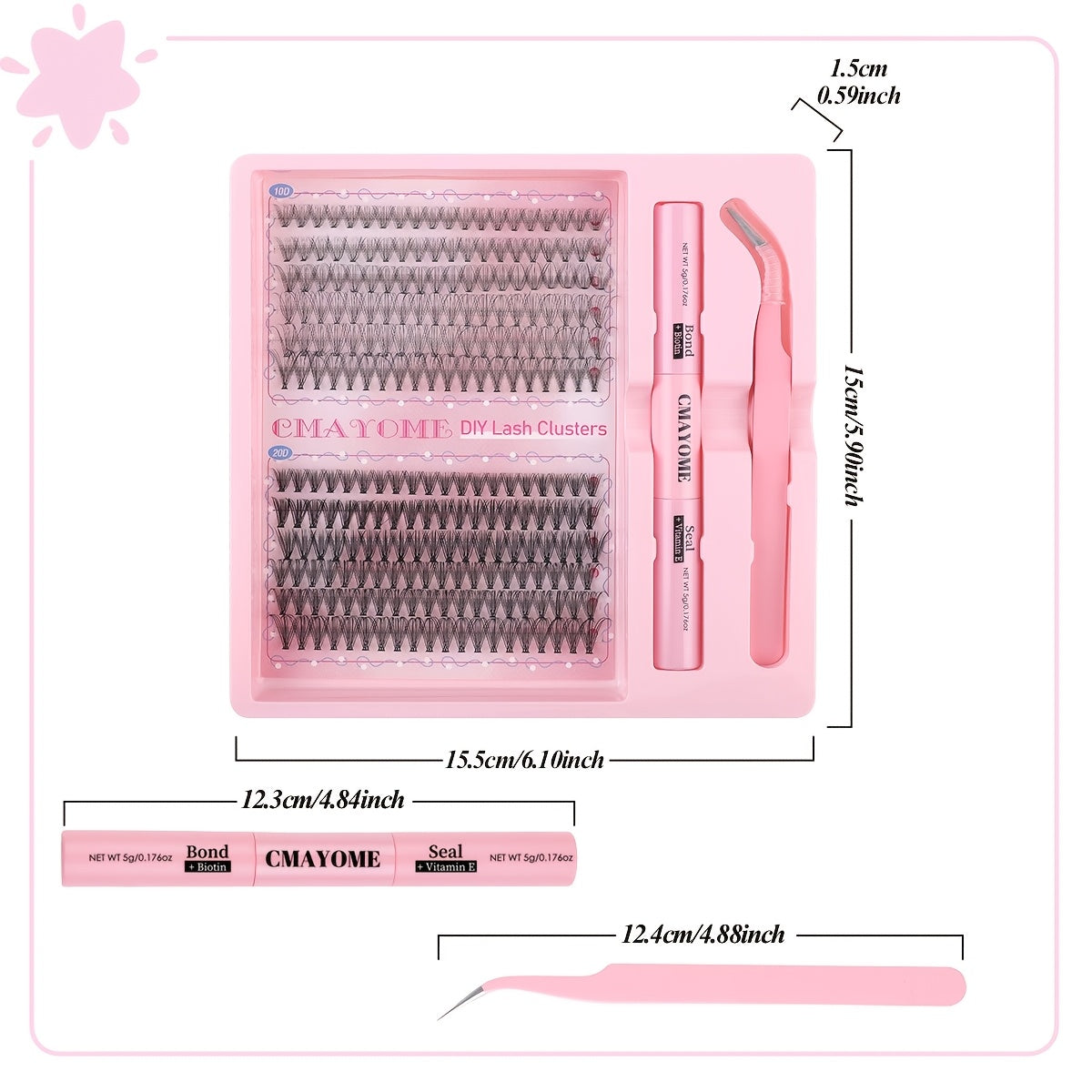 Pink False Eyelashes Set with Glue Tweezers 8-16mm C Curl Natural Fluffy Easy to Apply
