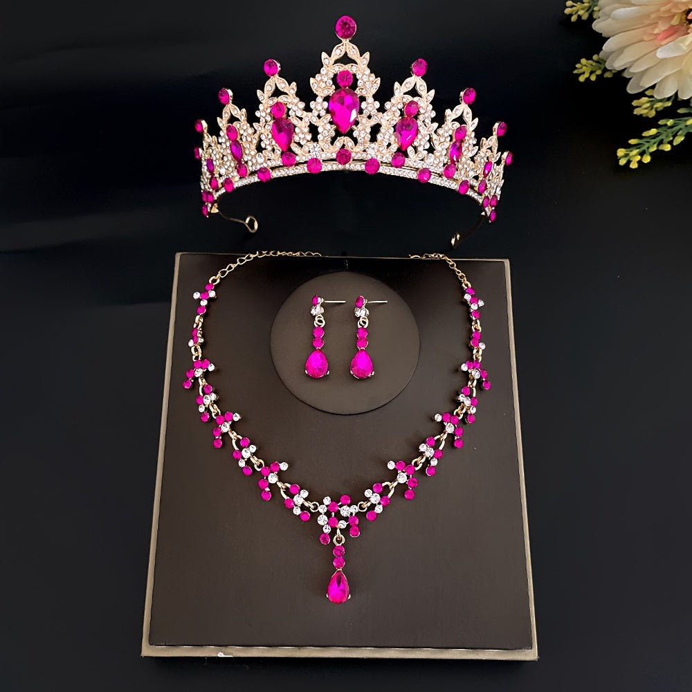 Women Bridal Jewelry Set Crystal Tiara Earrings Necklace for Weddings and Parties