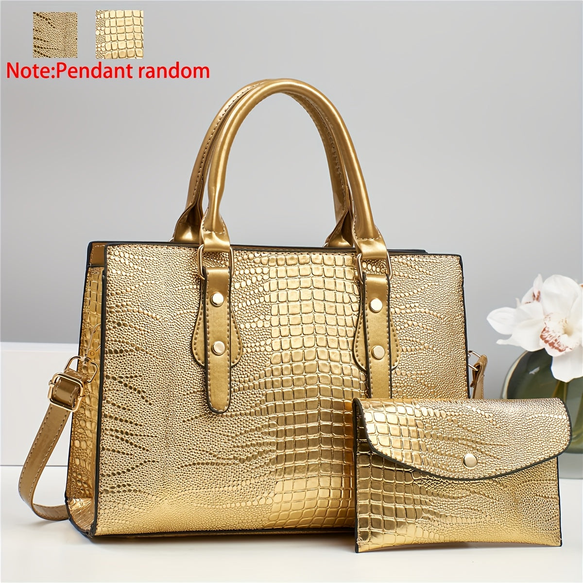 Ayollar uchun 2 ta krokodil naqshidagi sumka to'plami, yuqori sifatli kumush hamyon va rivet bezakli porloq charm to'plam sumkasi bilan birga. 14-fevral kuni sovg'a, ish va dam olish uchun mukammal.