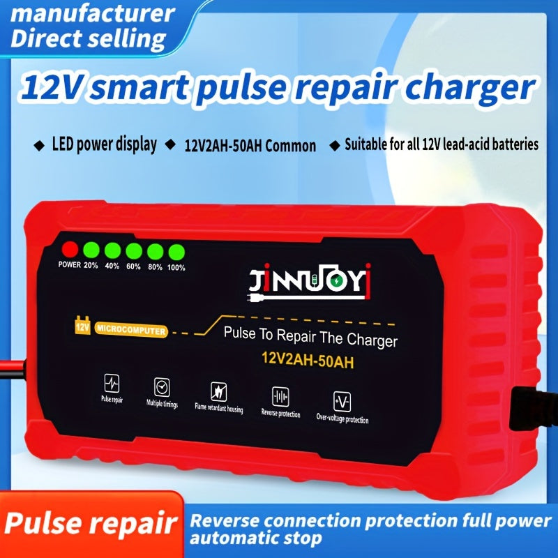 Mototsikl akkumulyatorini zaryadlovchi, to'liq avtomatik, LED displey, 12V, 2-50AH, 3A pulsli