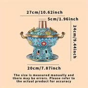 Dudan naqshiga ega bo'lgan kichik bir martalik emal qoplamali mis qozon, tijorat maqsadlari uchun va spirtli pechlar bilan ishlatish uchun mukammal. Idish-tovoq tozalash mashinasida tozalash uchun xavfsiz.