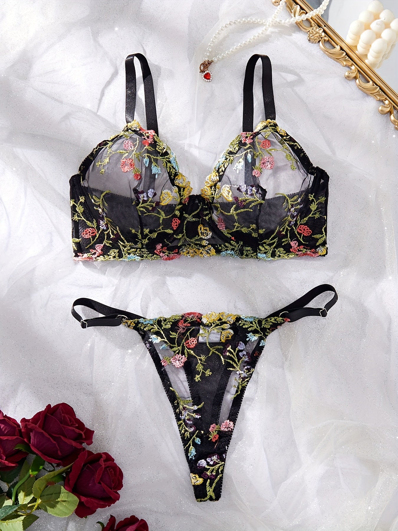 Plus Size Sexy Lingerie Set Floral Embroidery Sheer Mesh Bra and Thong
