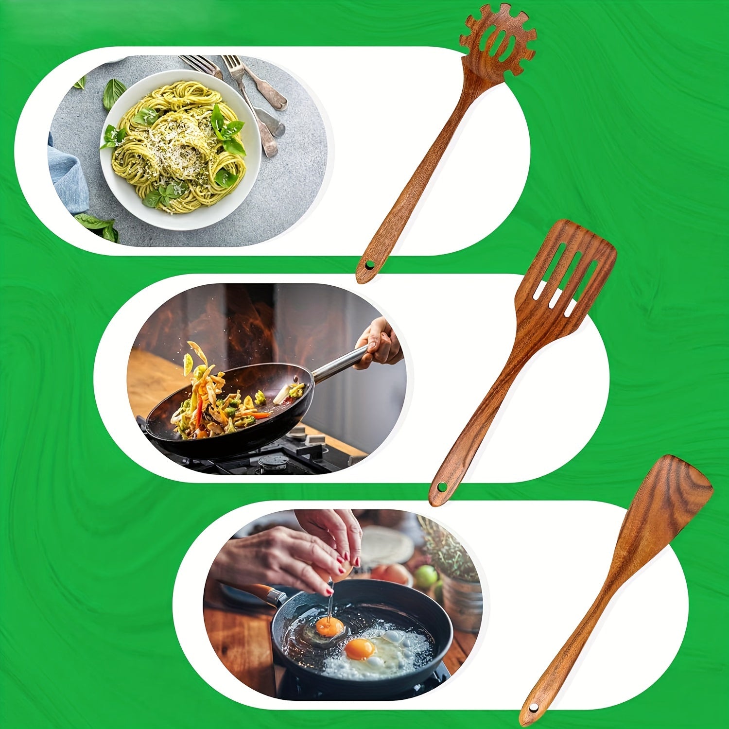 Set of 7 Wooden Kitchen Utensils with Holder Heat-Resistant Cooking Tools