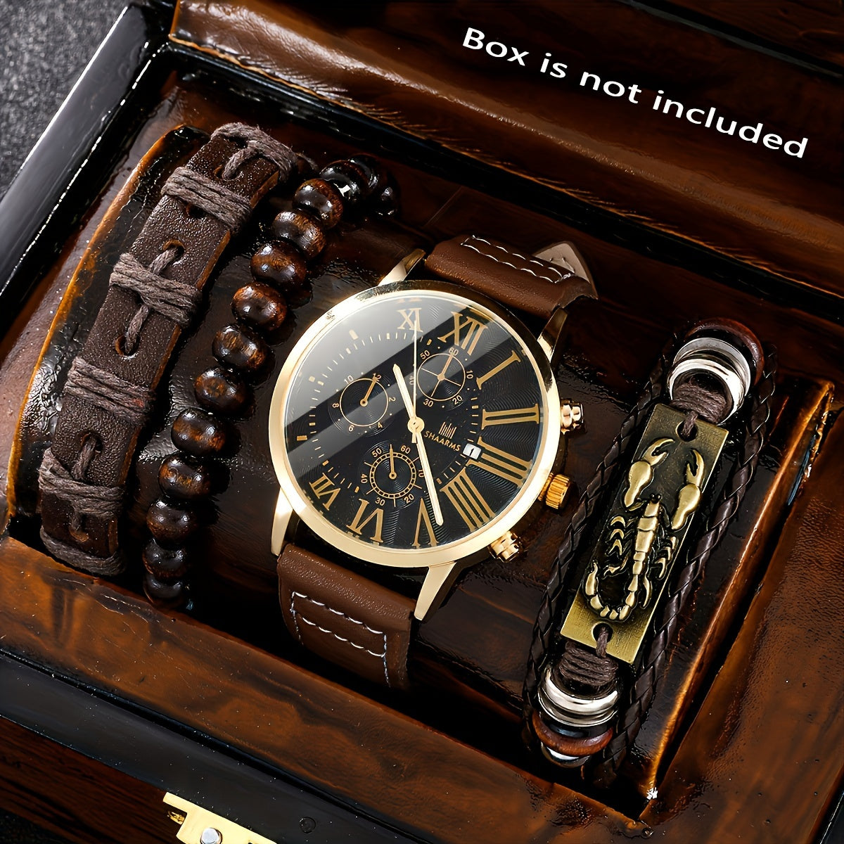 Set of 4 Men's Quartz Watches and Bracelets Brown Gold Date Display PU Leather