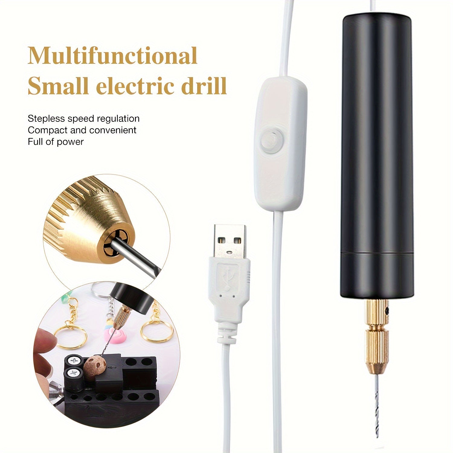 DIY Jewelry Hole Punch Kit with USB Electric Drill and Golden Bits for Pearl and Crystal Crafts