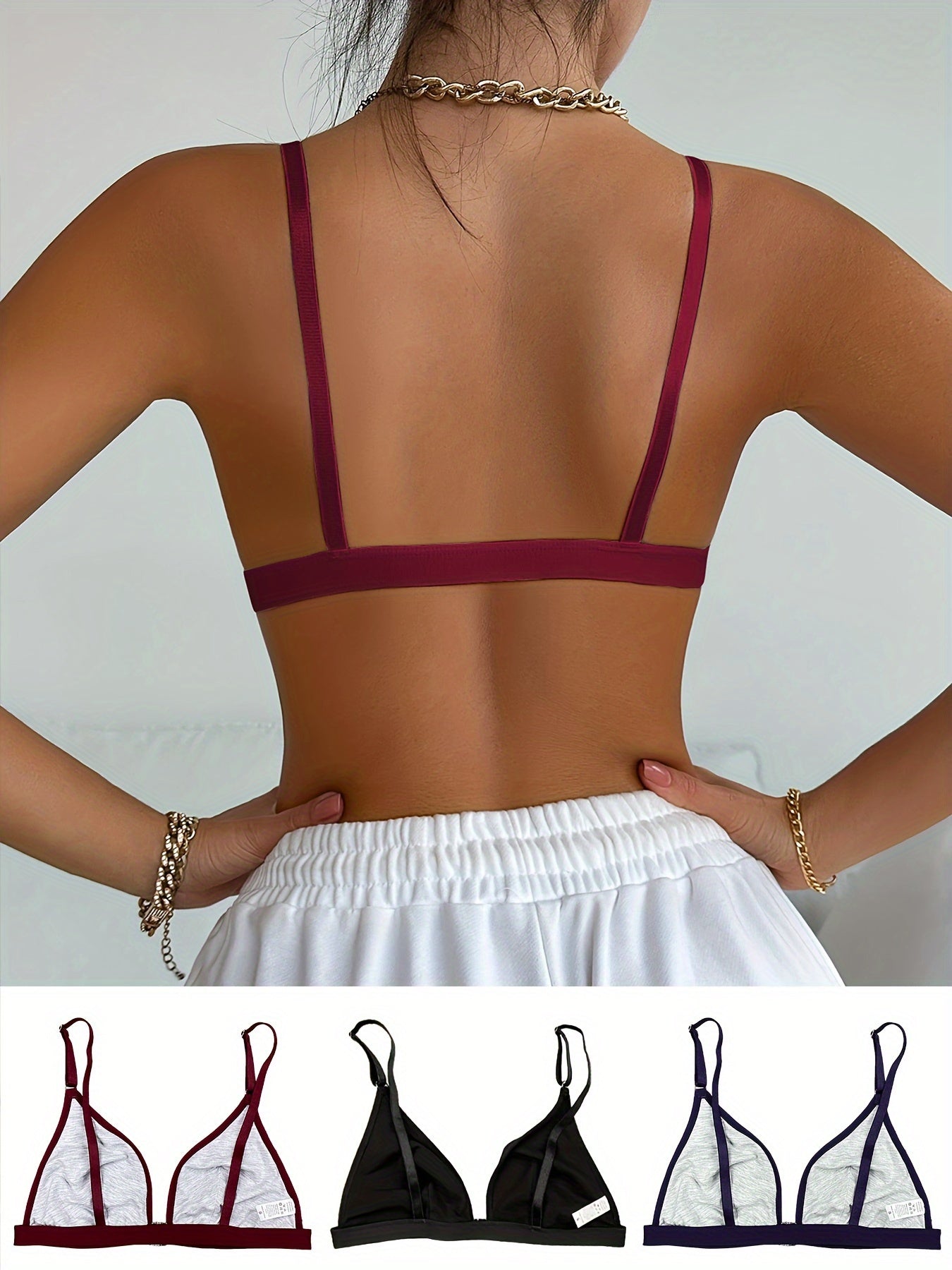 Set of 3 Women's Wire-Free Support Bras Solid Color Knit Front Closure No Padding