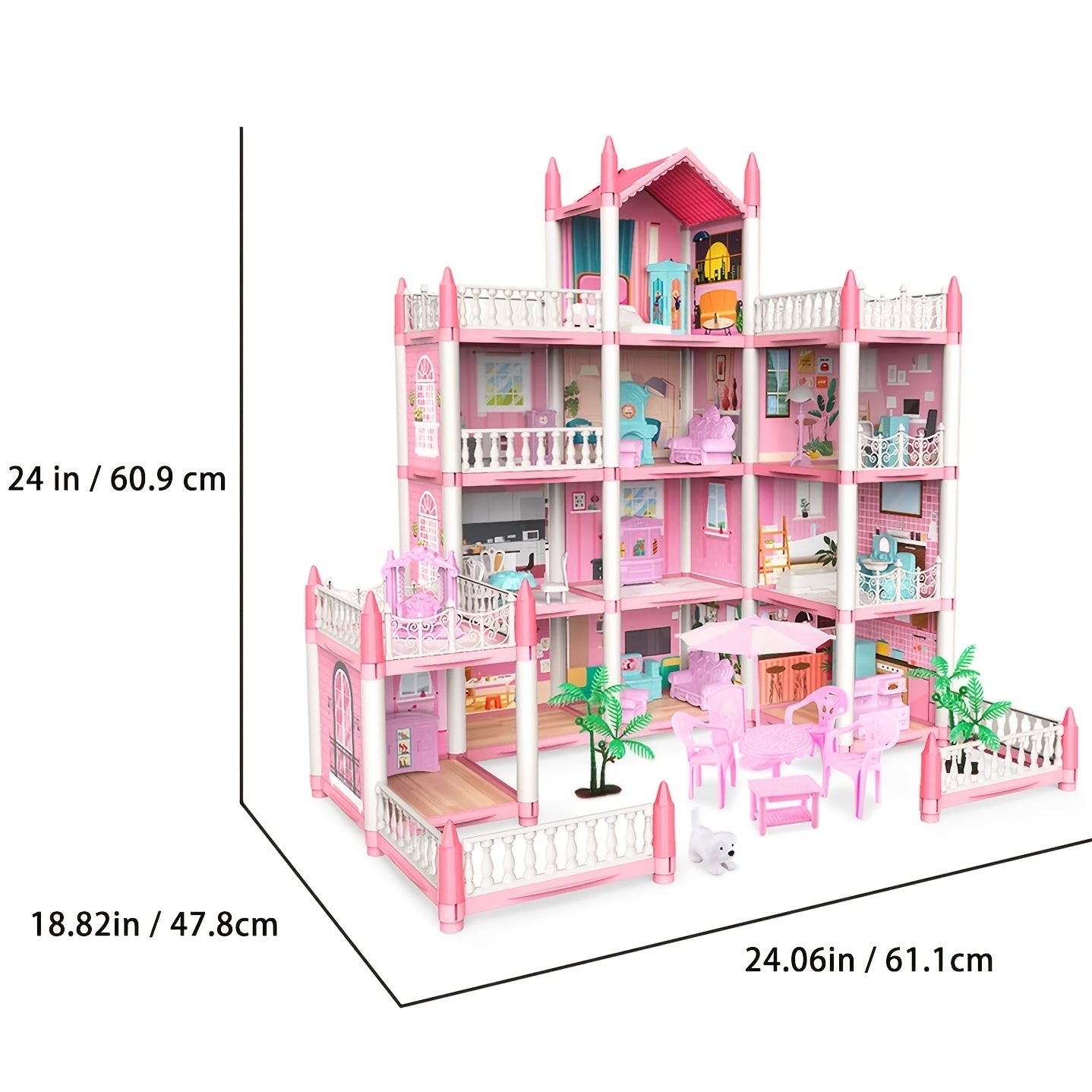 Pink Dollhouse Set for Girls Aged 5-9 with 11 Rooms and Furniture Accessories
