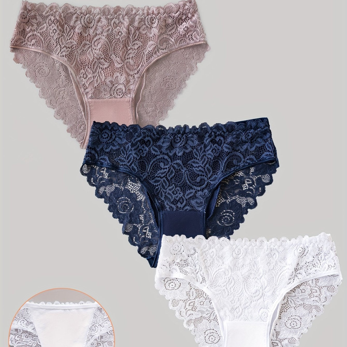 Women's Cotton Lace Briefs Set 3 Pieces Breathable Mid Rise Seamless Underwear