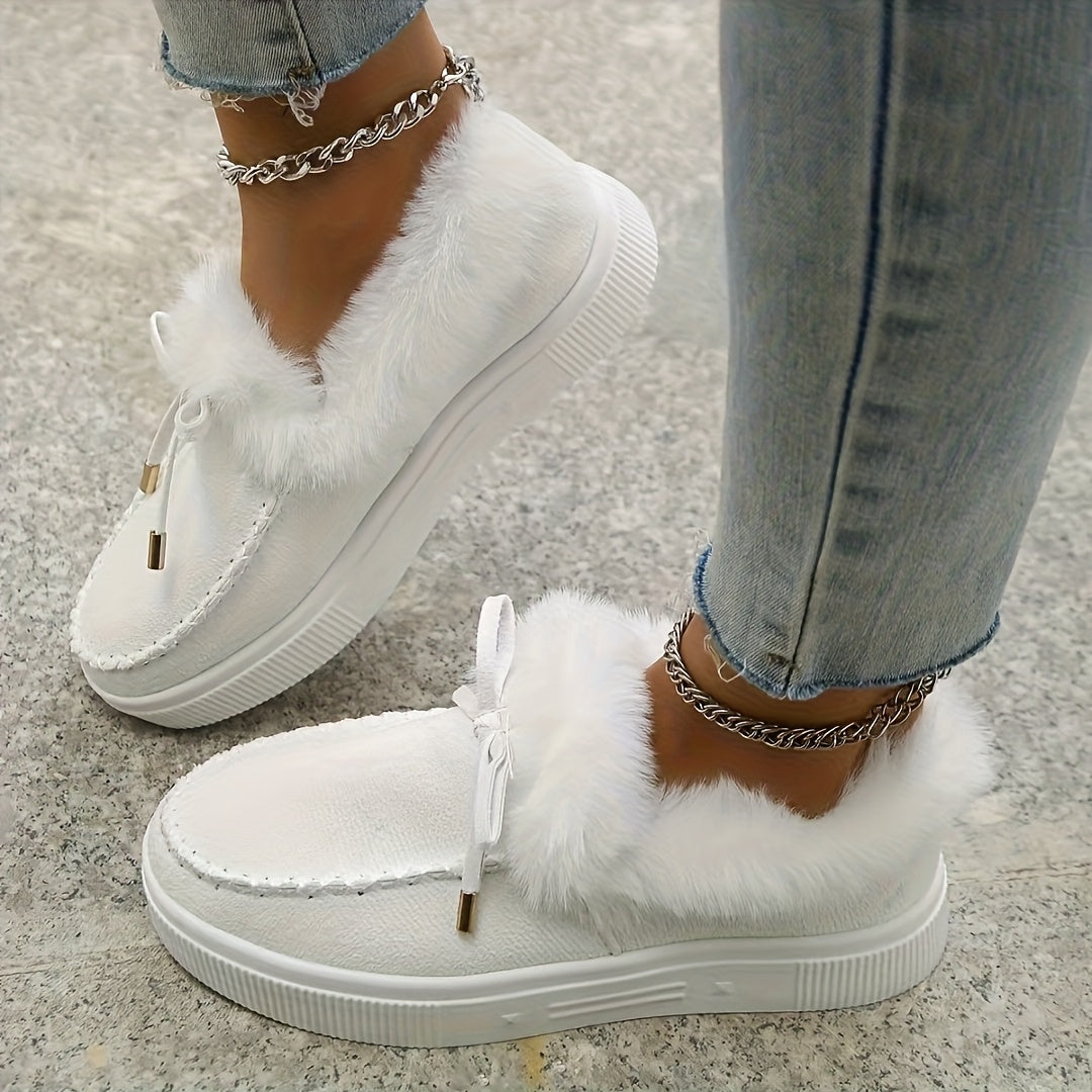 Women's Plush Fleece-Lined Slip-On Winter Boots with Bow Charm and Faux Fur