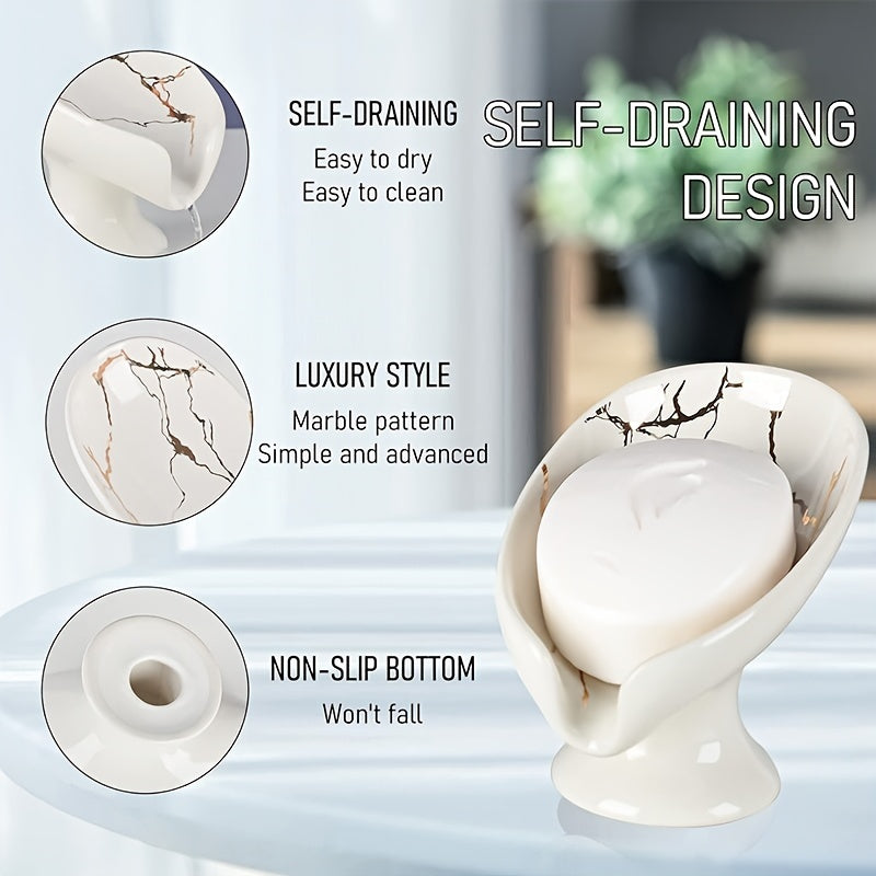 Marble-Patterned Ceramic Leaf-Shaped Soap Dish with Self-Draining Feature