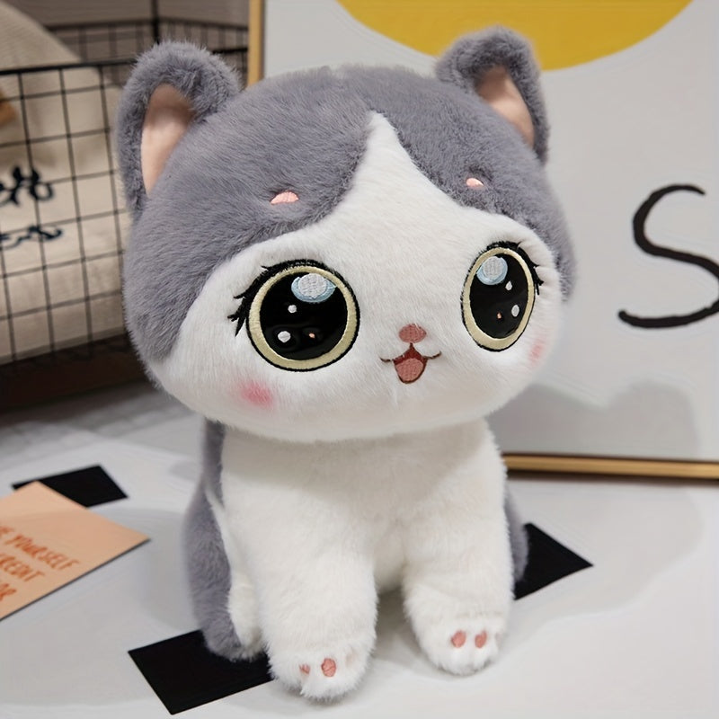 Fluffy Black and Grey Simulation Cat Plush Toy for Kids and Home Decor
