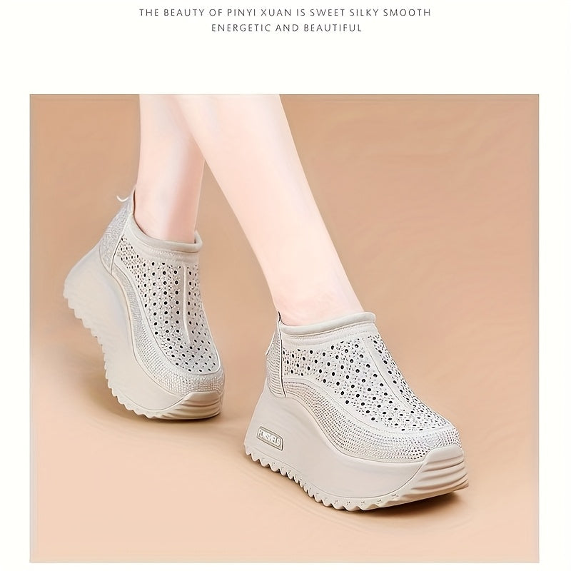 Women's Breathable Cut-Out Platform Shoes with Rhinestones Beige Summer Footwear