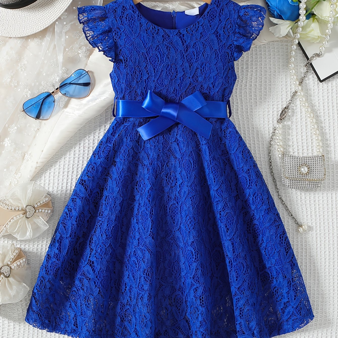 Girls' Summer Dress with Lace Detail Belt Flutter Sleeves Knee Length Fit and Flare Solid Polyester
