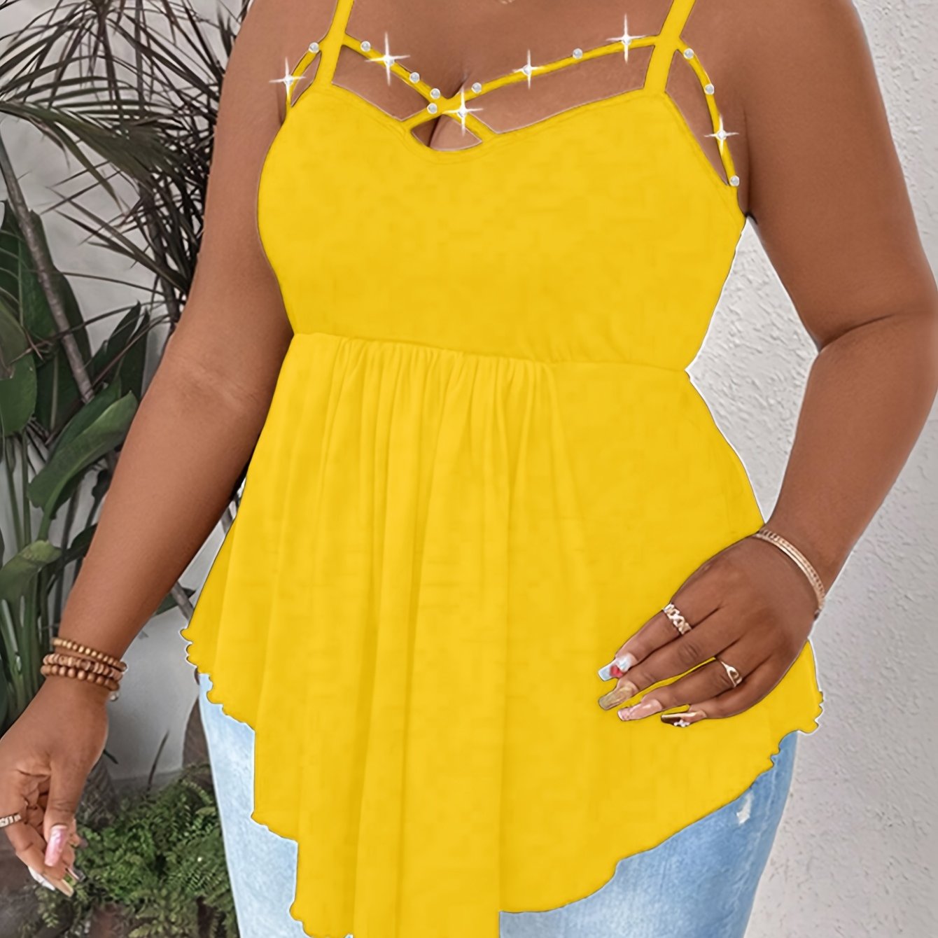 Women's Plus Size V-Neck Cami Top Sleeveless Asymmetrical Pearl