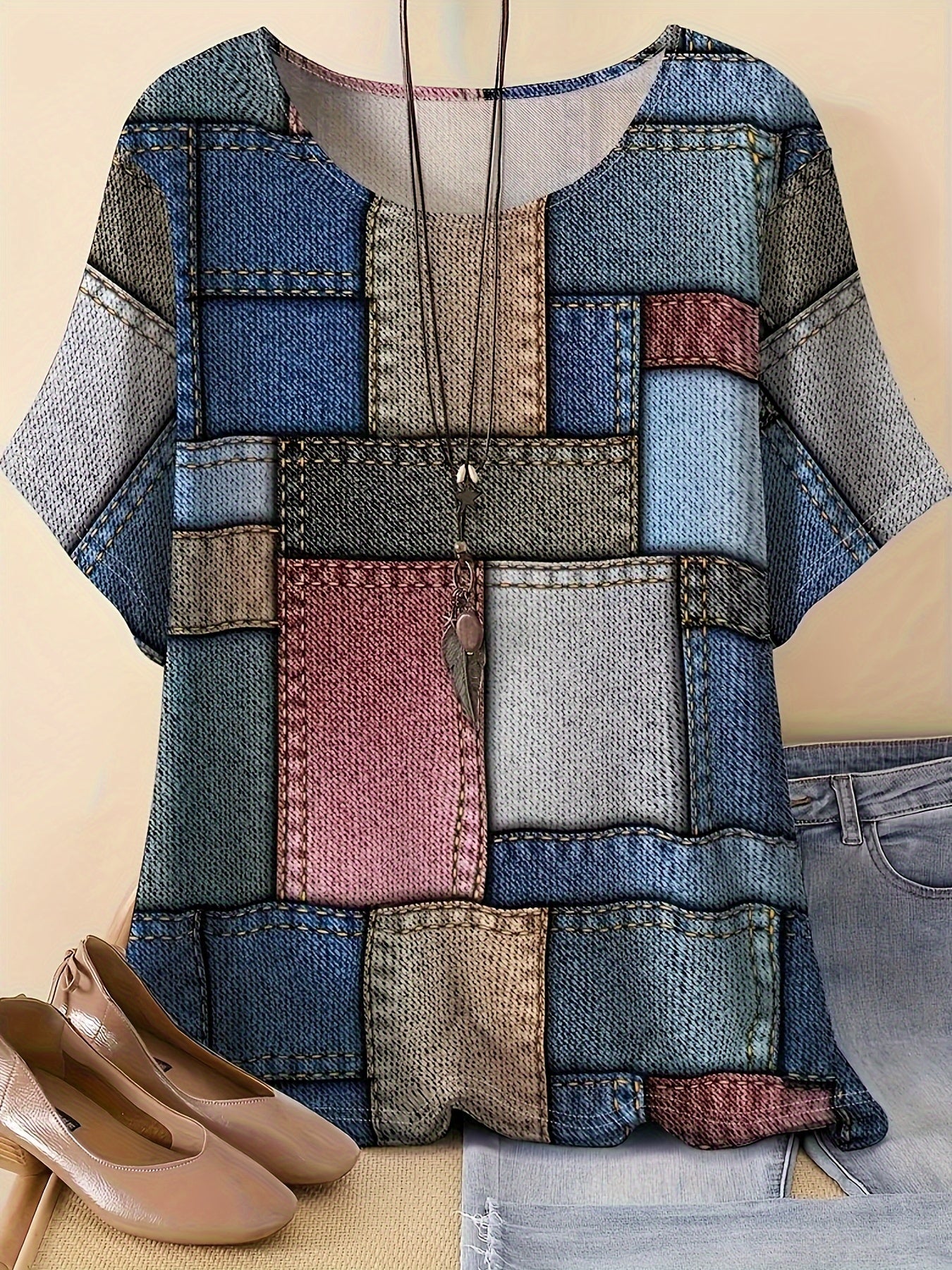 Women's Patchwork Print T-Shirt Polyester Blend Scoop Neck Short Sleeve Casual