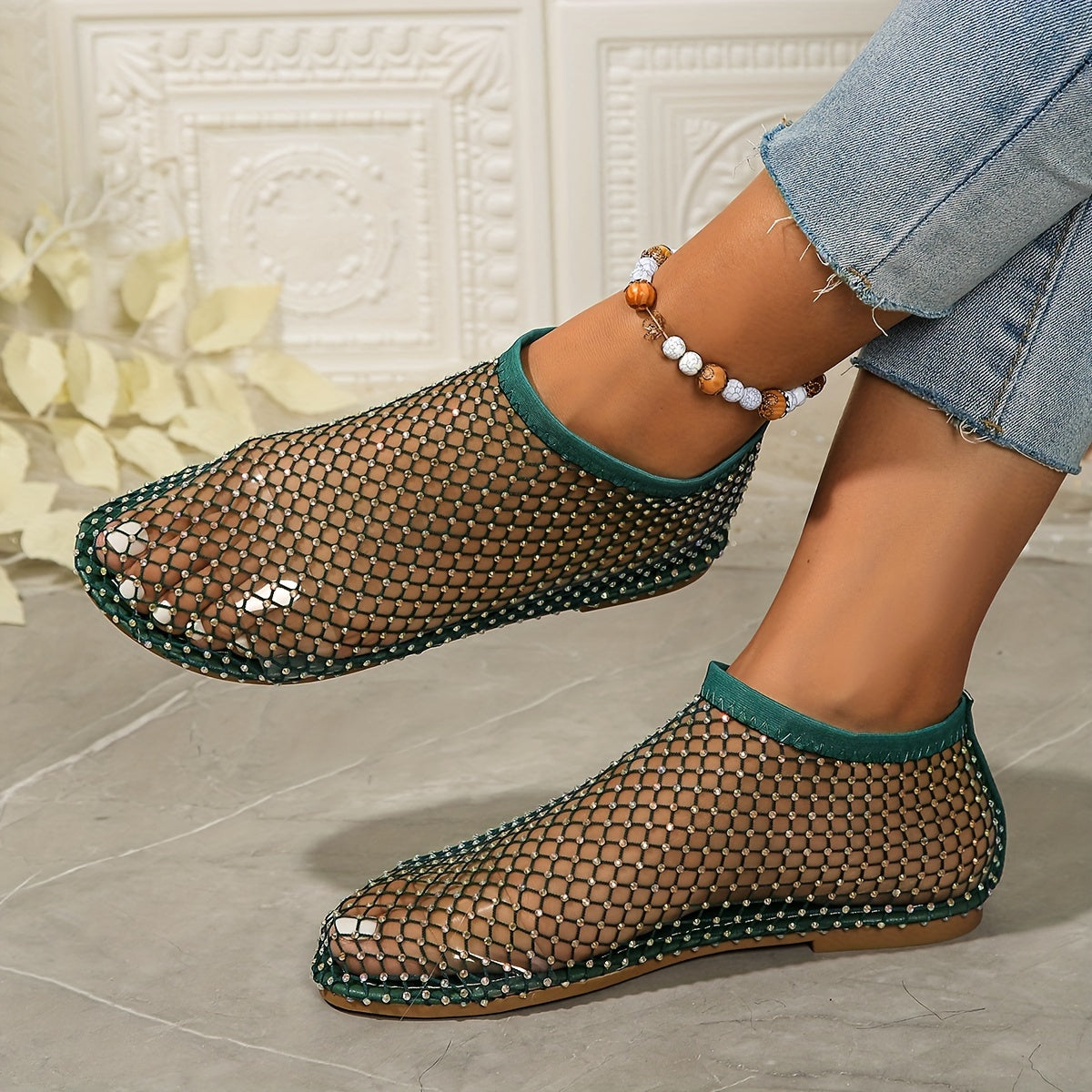 Women's Mesh Rhinestone Flat Sandals with Elastic Band and Cut-Out Design