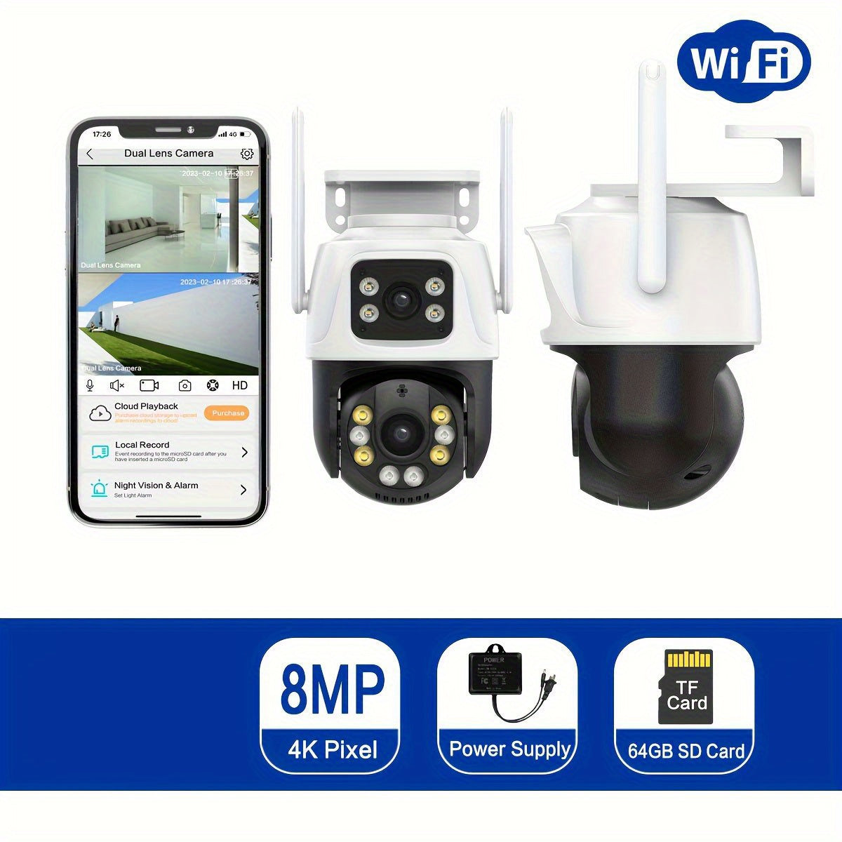 4K Dual-Lens WiFi Security Camera with Night Vision Motion Detection and Two-Way Audio