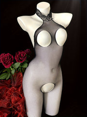 Women's Mesh Bodystocking with Halter Neck Open Bust and Crotch