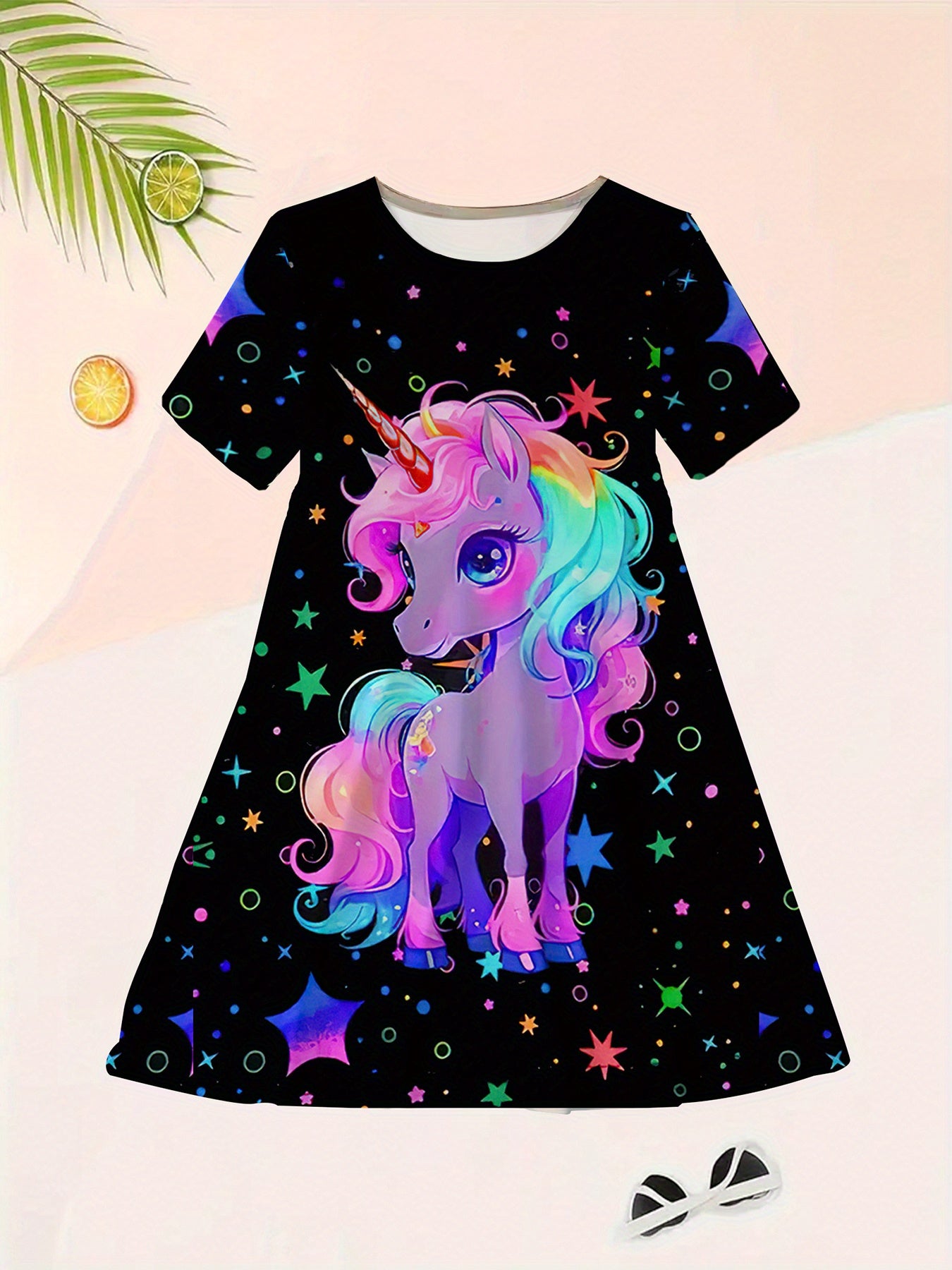 Girls' Polyester Dress with Unicorn and Star Print for Birthday and Spring Summer Events